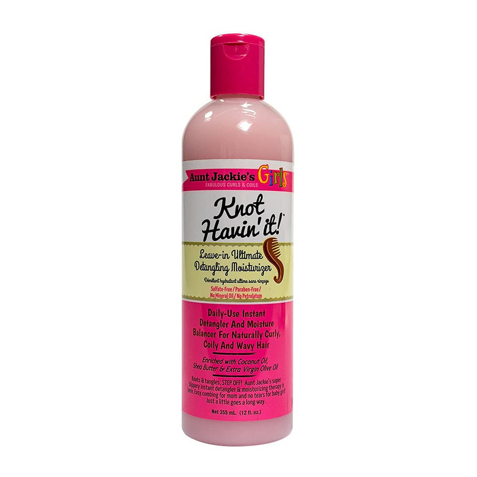 Aunt Jackie's bottle front packaging showing product label and 12 oz size, easy detangling