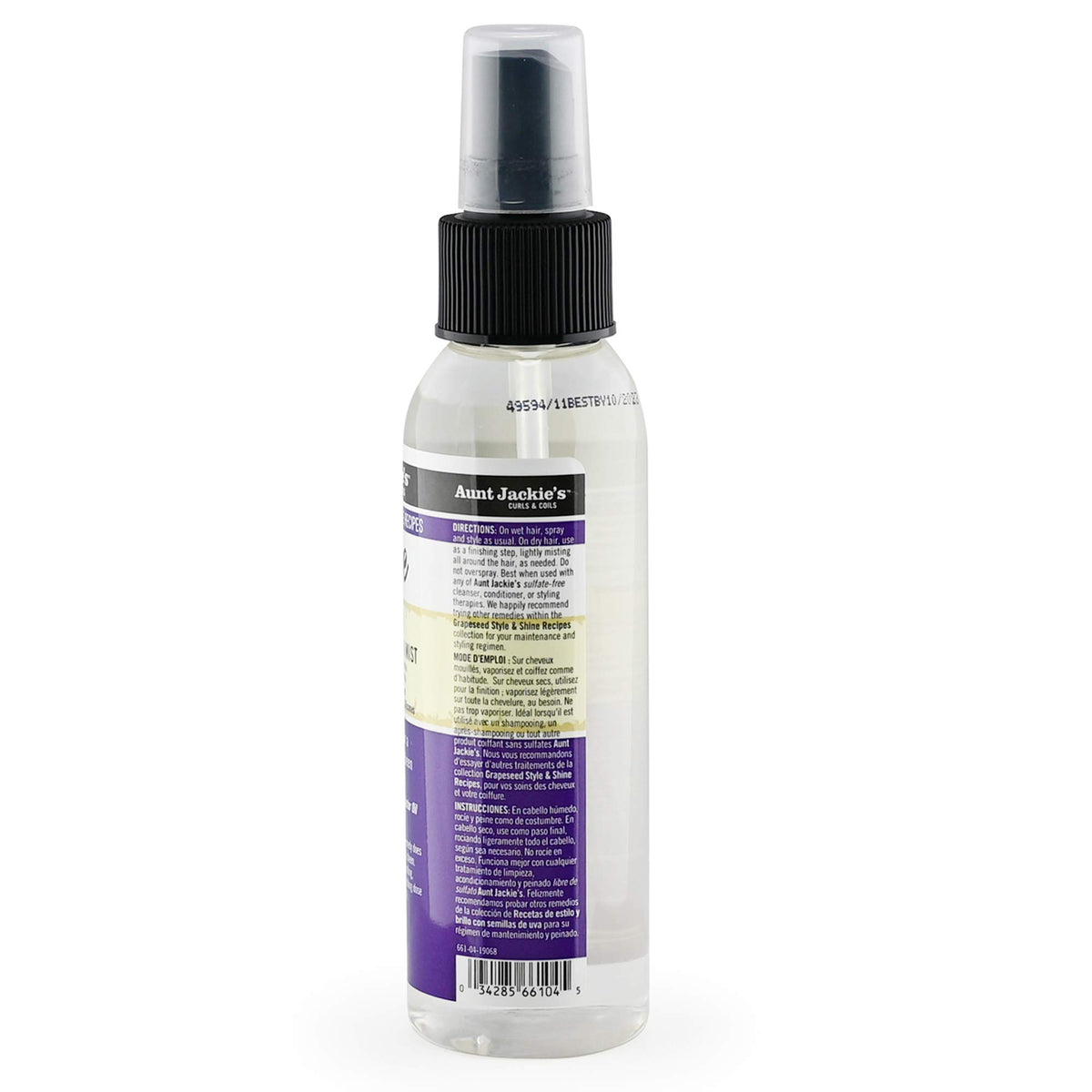 Aunt Jackie's spray nozzle closeup demonstrating fine mist delivery and even application