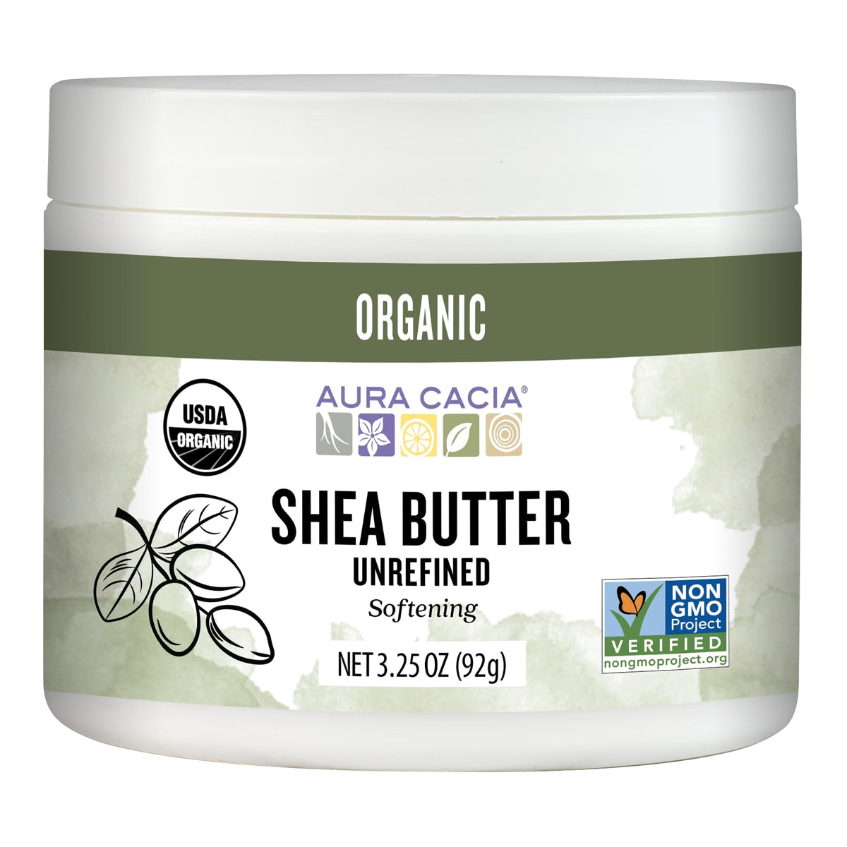 Aura Cacia front jar view showing label and organic certification benefits