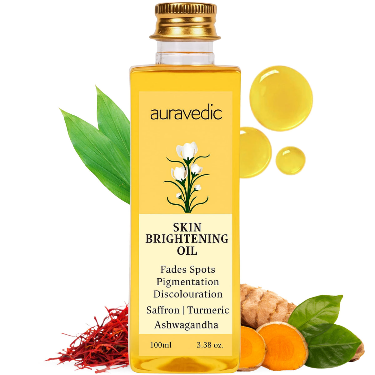 Auravedic front packaging showing brightening oil bottle and clear label benefit
