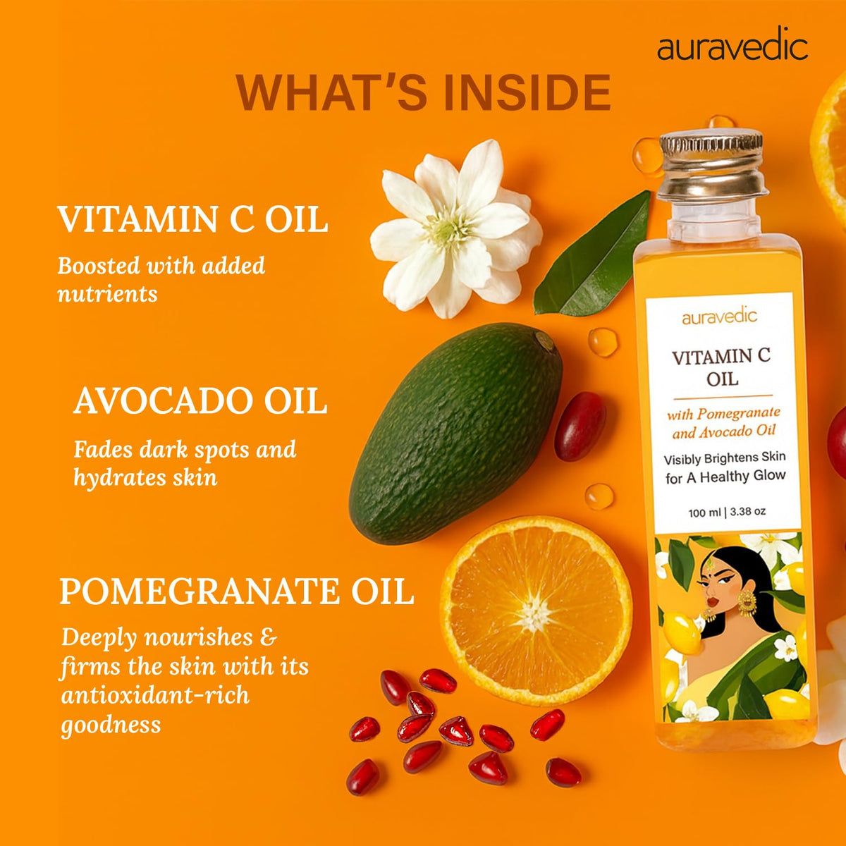 Auravedic rosehip and avocado ingredient bottles emphasizing natural oils