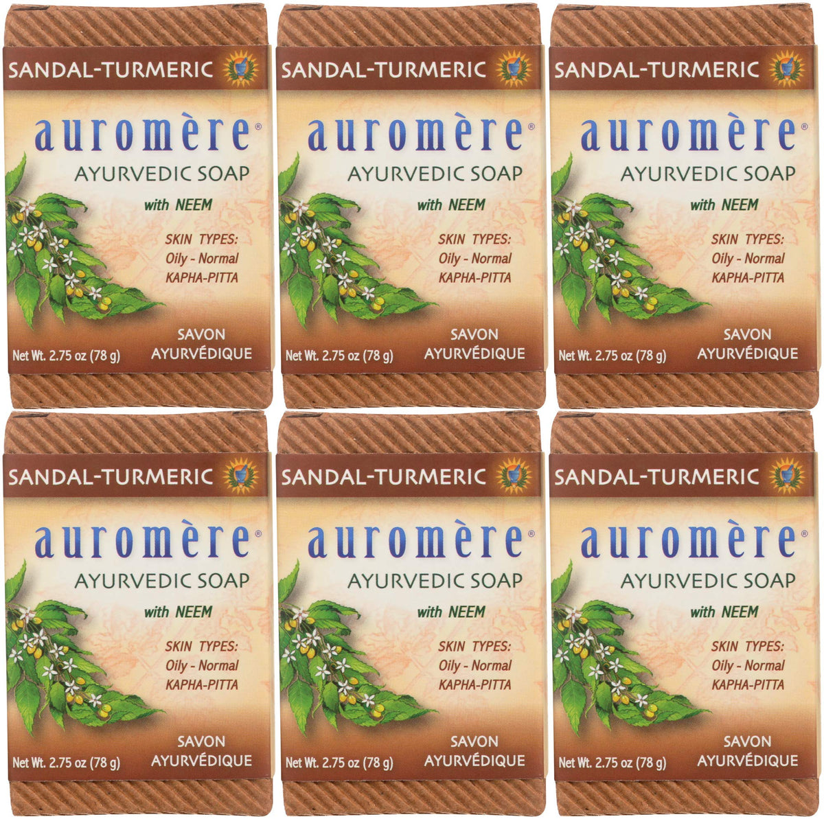 Auromere sandal turmeric front packaging showing eco friendly six-pack and natural branding