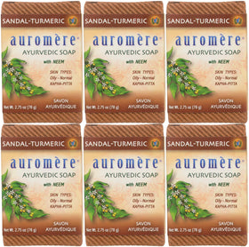 Auromere sandal turmeric front packaging showing eco friendly six-pack and natural branding