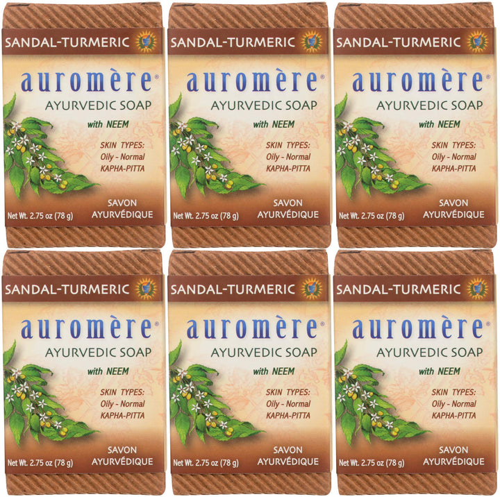 Auromere sandal turmeric front packaging showing eco friendly six-pack and natural branding