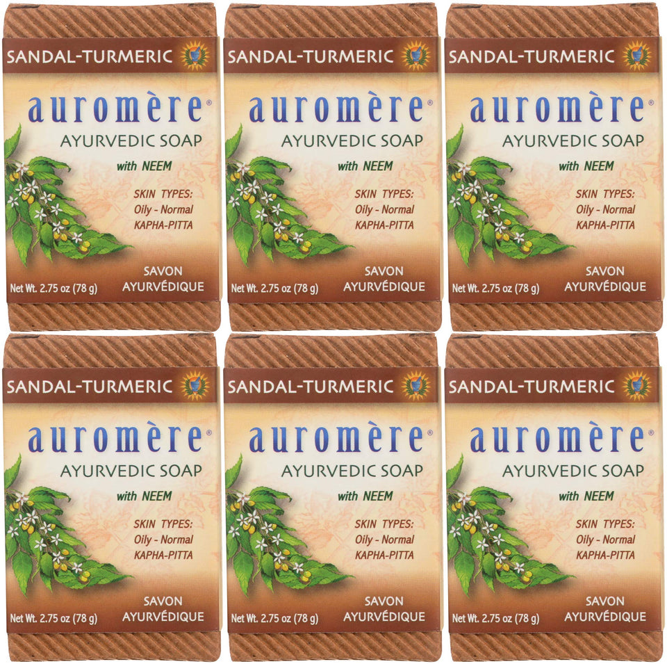 Auromere sandal turmeric front packaging showing eco friendly six-pack and natural branding