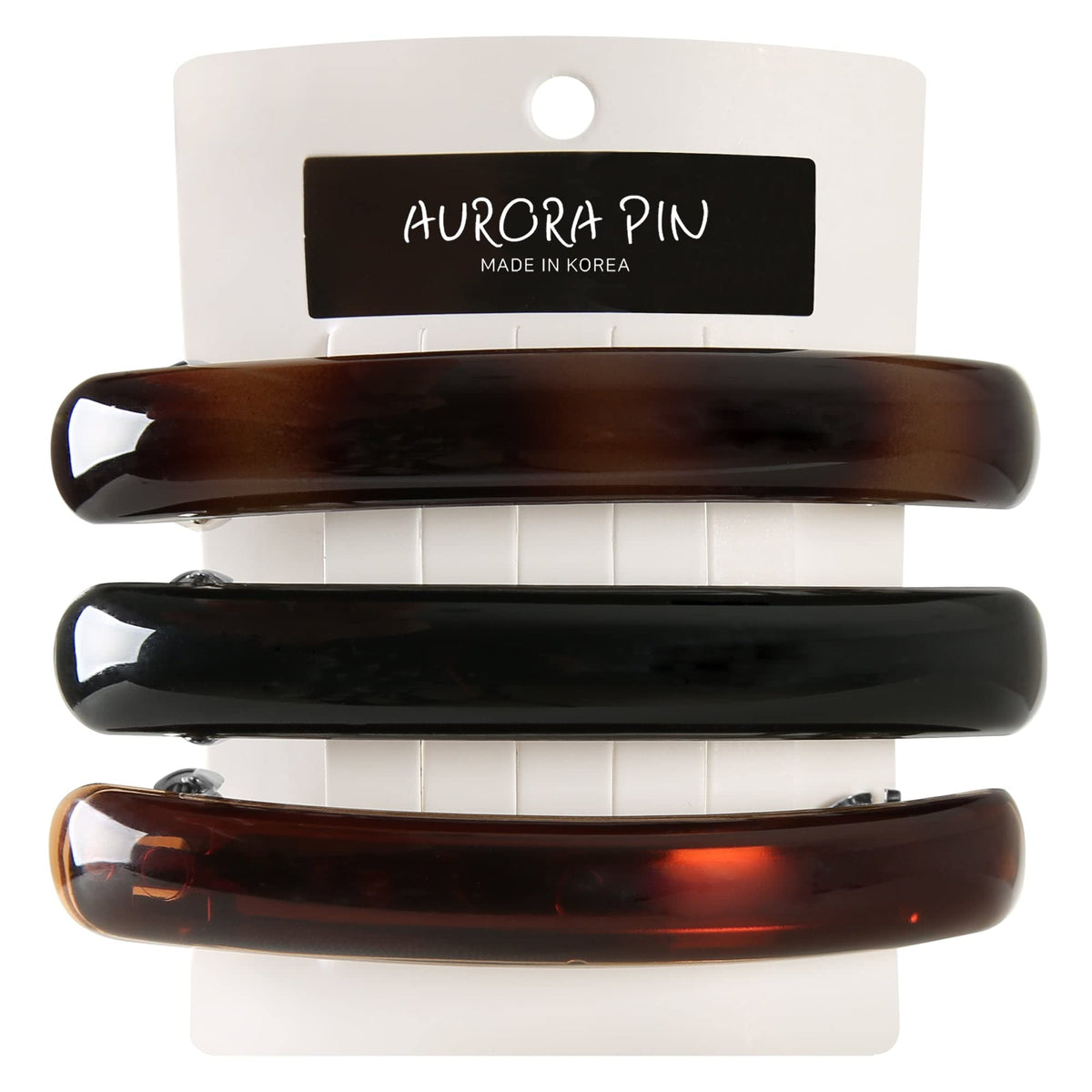 AURORA PIN front view of three tortoise shell clips shows polished finish and variety
