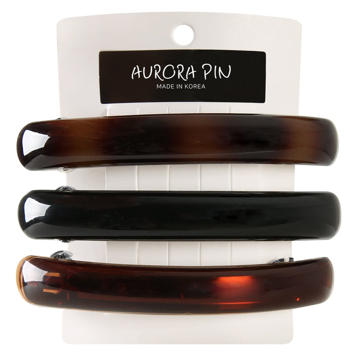 AURORA PIN front view of three tortoise shell clips shows polished finish and variety