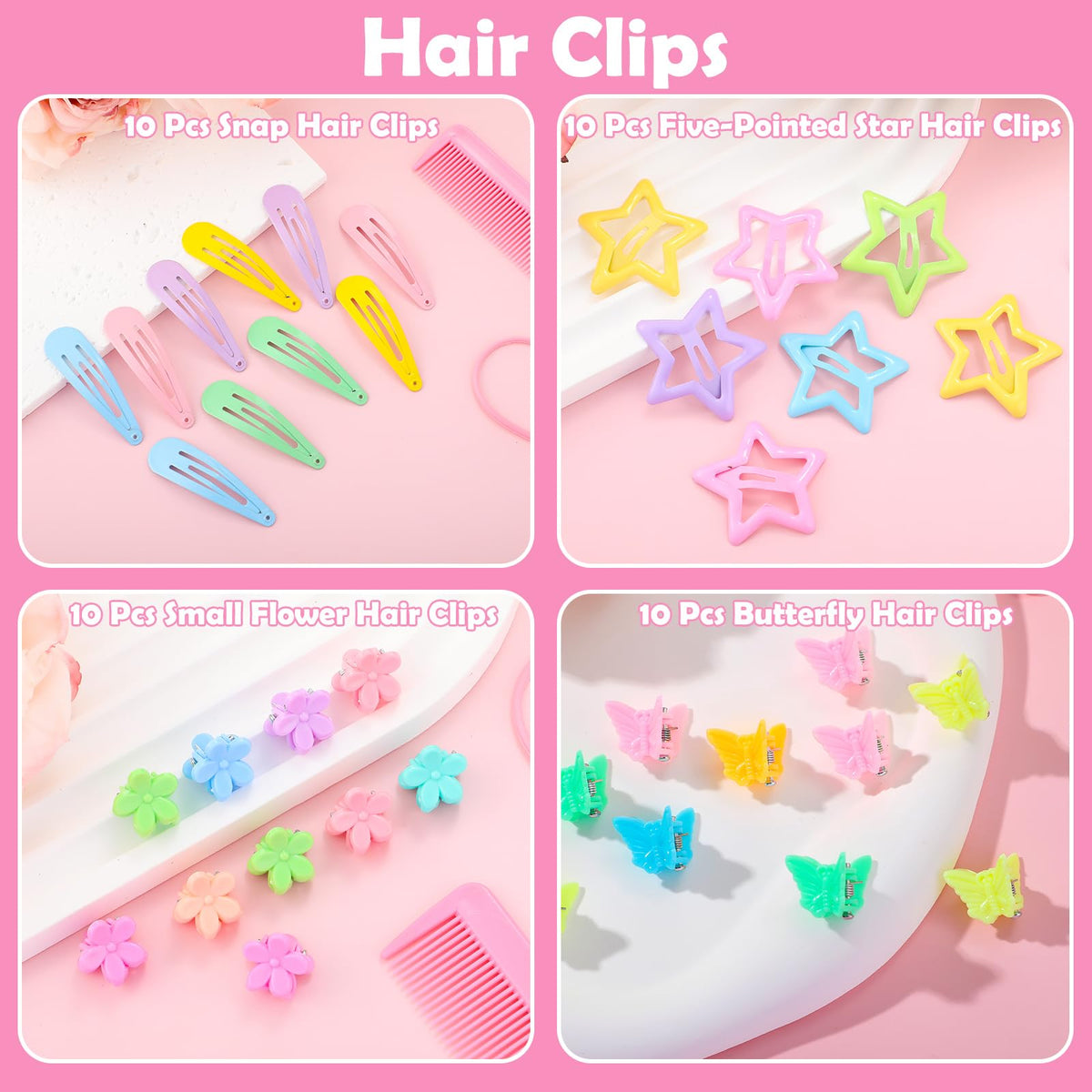 auroray clip collection detail with flower, butterfly, star and snap clips for decoration