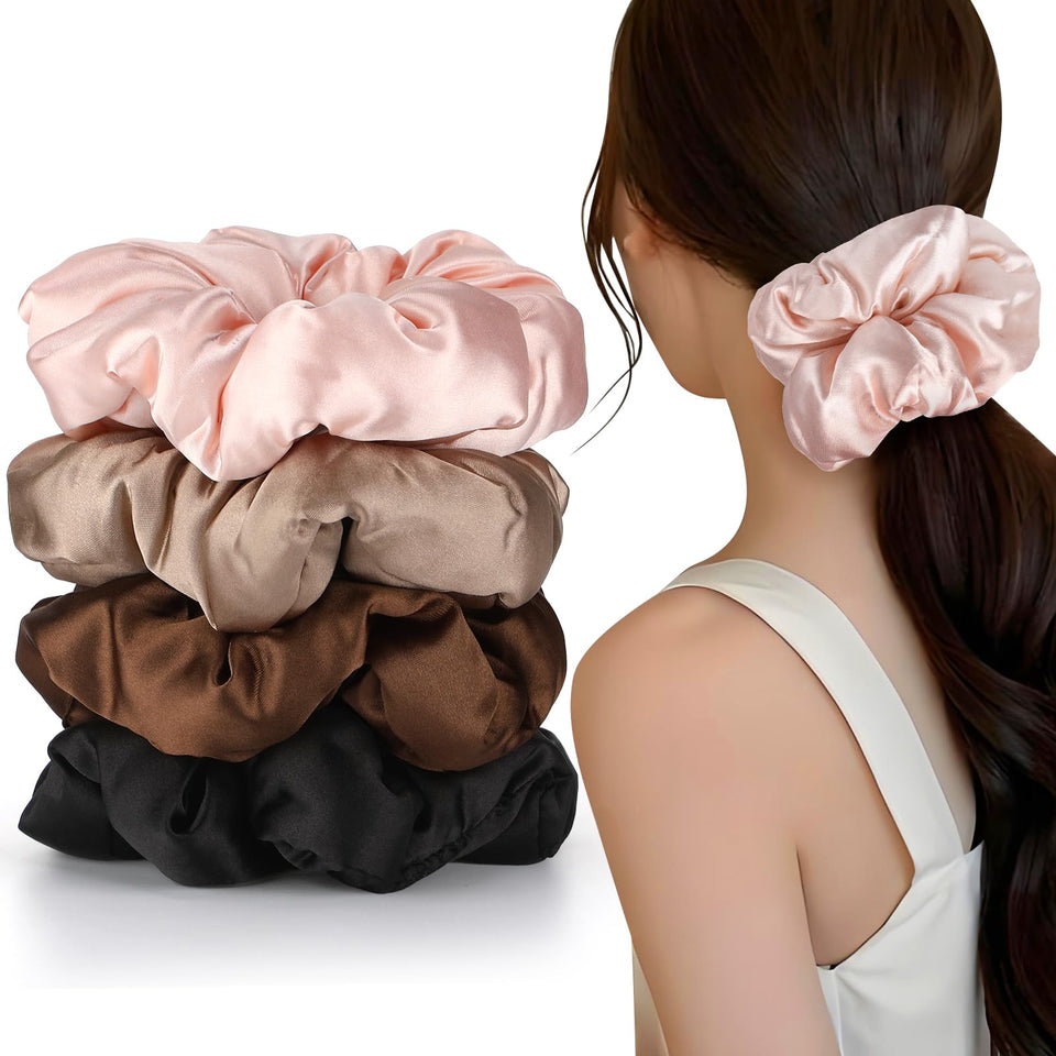 auroray front view of four satin scrunchies shows colors and plush look for gentle hold