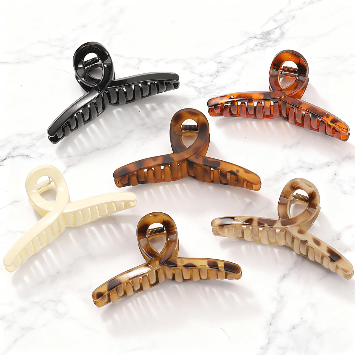 Auseibeely front view of six mixed-color claw clips showing variety and convenience