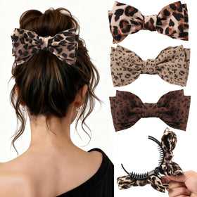 Auseibeely front view of four leopard bow clips, stylish accessory boost