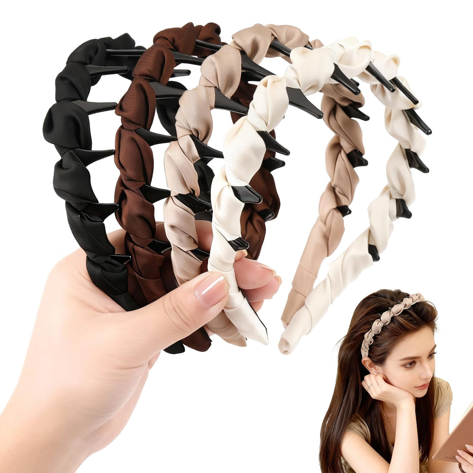 Auseibeely front packaging view showing set of four headbands and benefit of organized storage