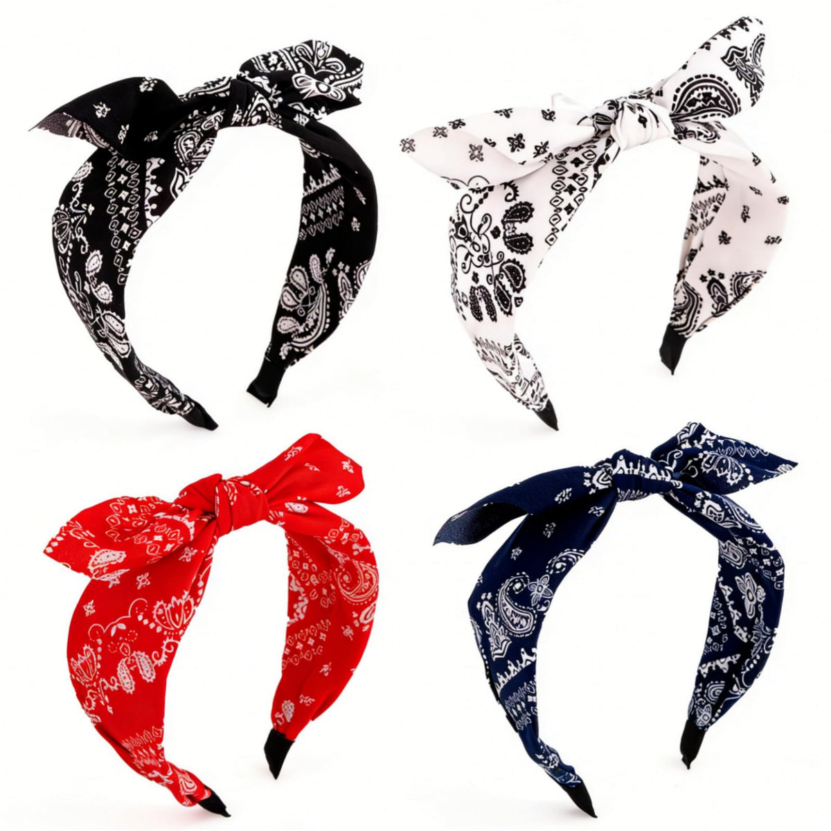 Aushamtai front view of four bandana headbands showing colors and bow