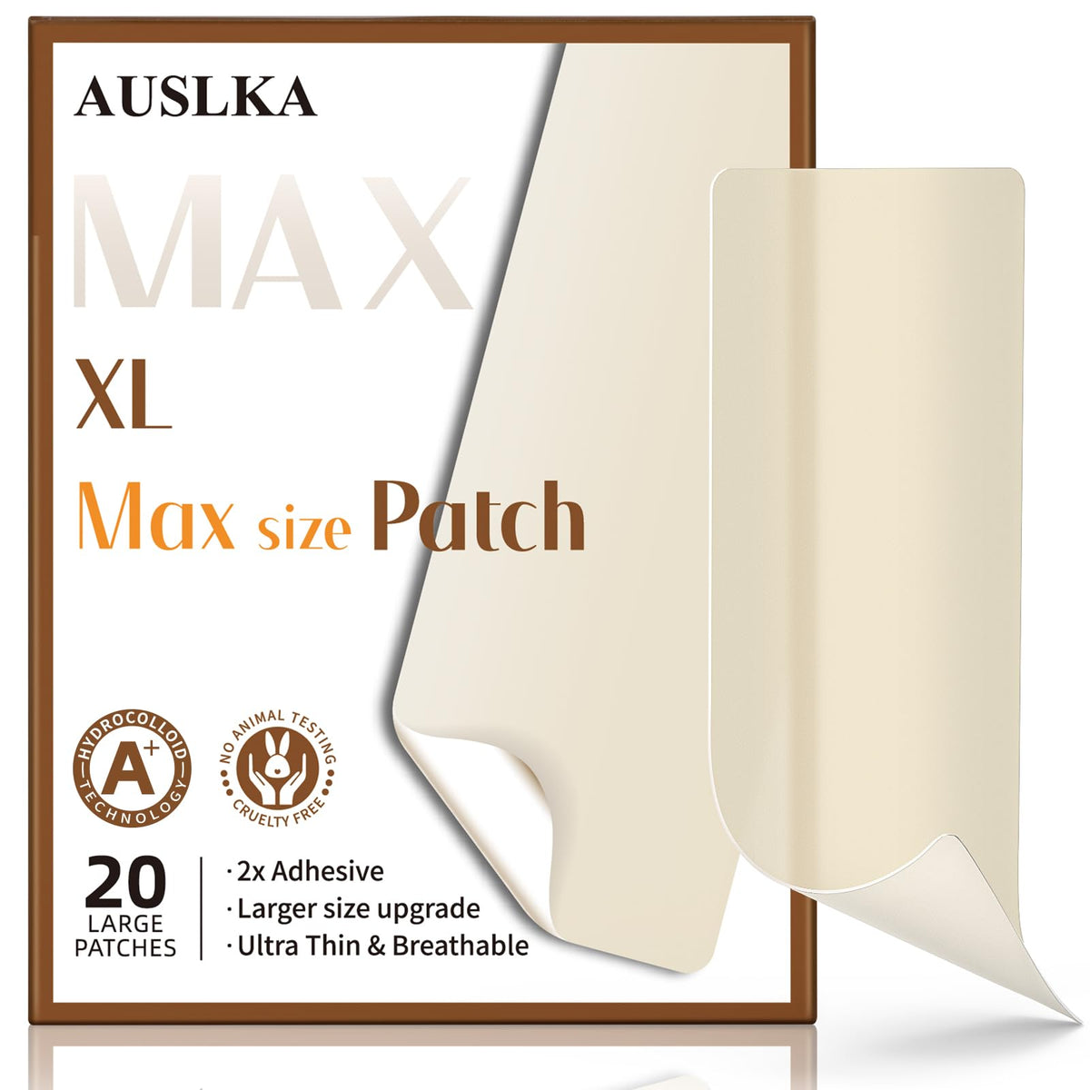 AUSLKA front packaging showing 20 XL blemish patches and benefits