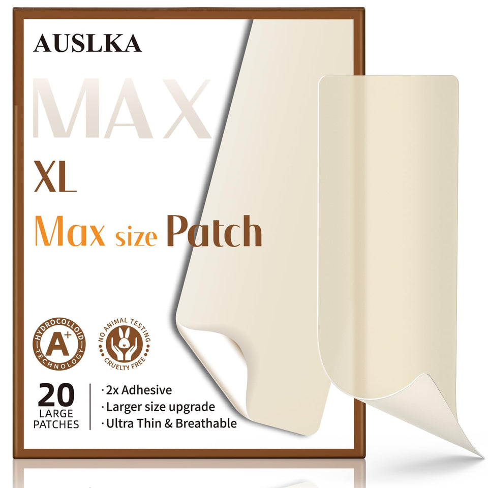 AUSLKA front packaging showing 20 XL blemish patches and benefits