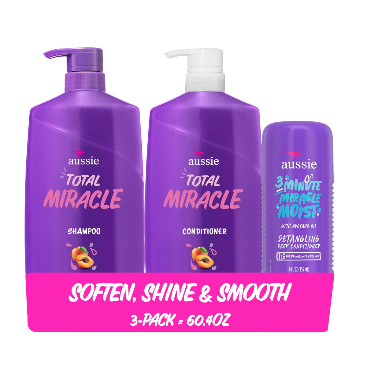 Aussie bundle front packaging showing shampoo, conditioner and treatment benefits