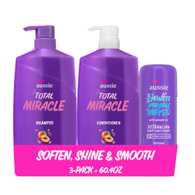 Aussie bundle front packaging showing shampoo, conditioner and treatment benefits