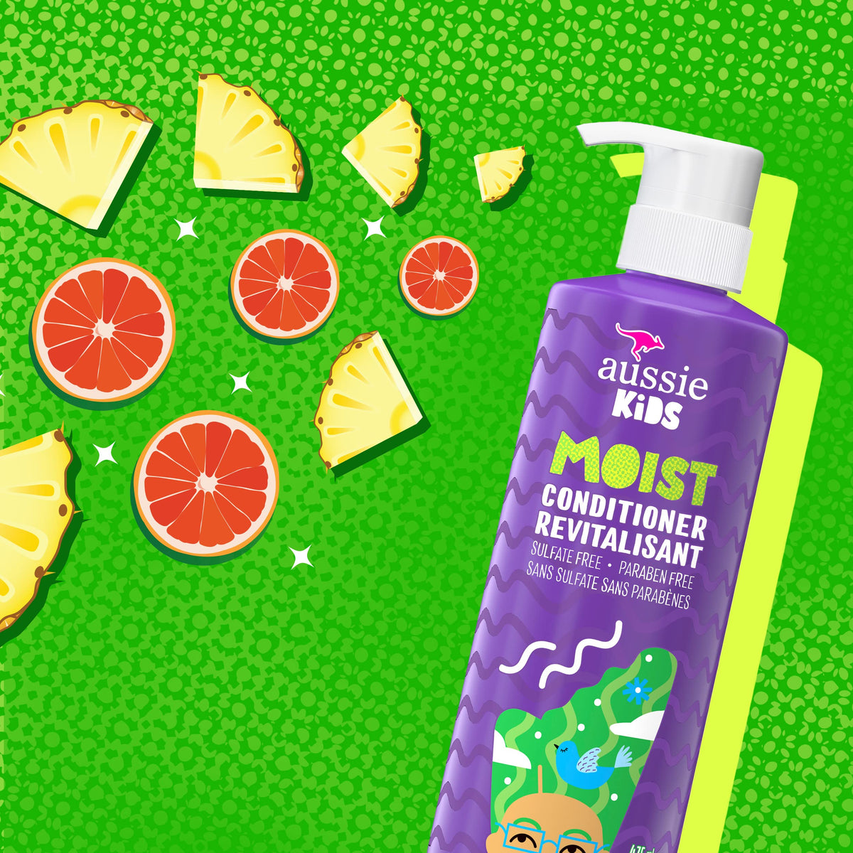 Child applying Aussie conditioner in shower, helps smooth and detangle hair