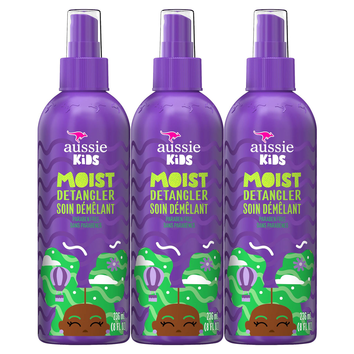 Aussie kids detangler front packaging showing three 8 fl oz bottles and benefits
