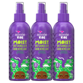 Aussie kids detangler front packaging showing three 8 fl oz bottles and benefits