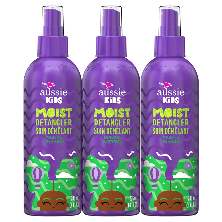 Aussie kids detangler front packaging showing three 8 fl oz bottles and benefits