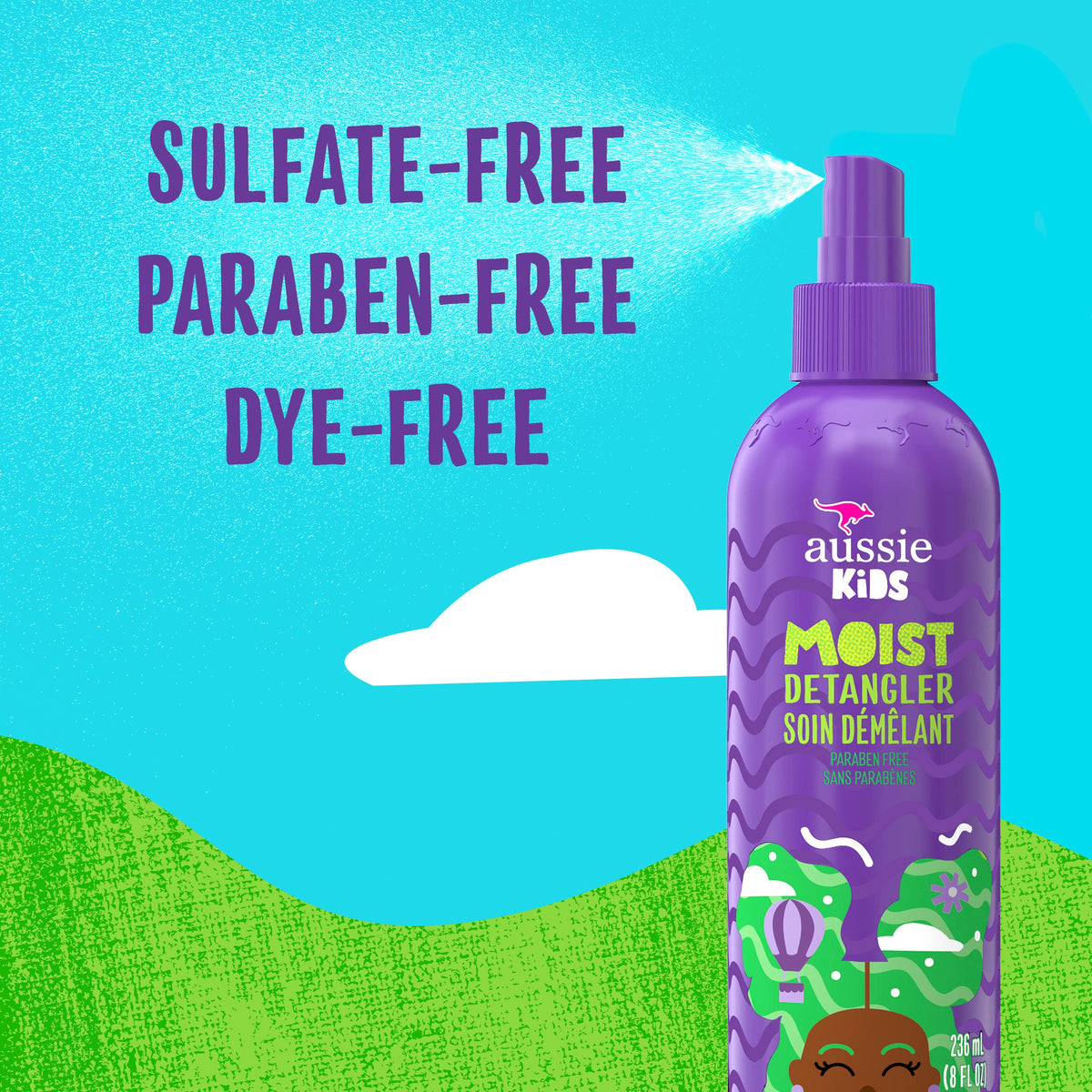 Aussie kids detangler spray action misting hair for easier combing and slip
