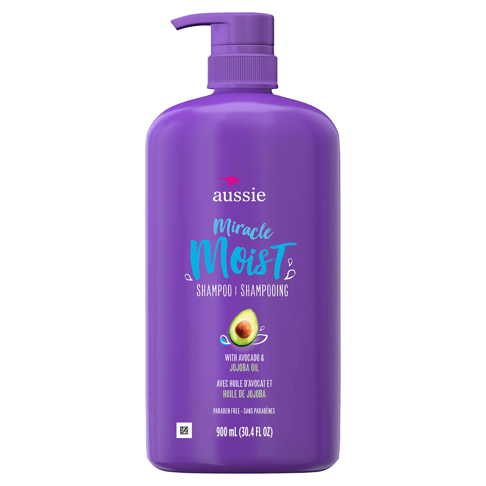 Aussie Miracle Moist front packaging showing pack of four bottles and label benefit