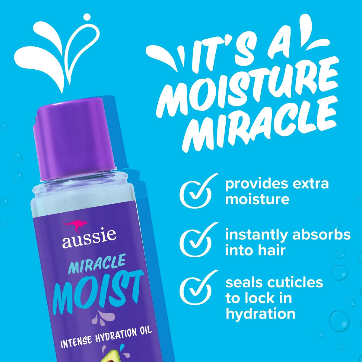 Aussie Miracle Moist oil texture closeup highlighting smooth absorption benefit