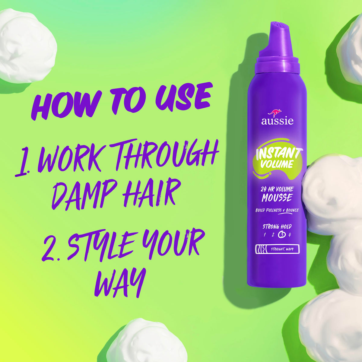 Blow-drying hair with Aussie mousse to create long-lasting volume