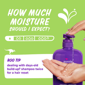 Aussie shampoo in hand showing 30.4 oz size advantage