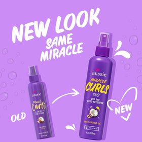 Aussie spray in use on curly hair to revive and define second-day curls