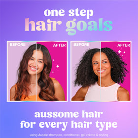 Aussie being applied with fingers to curls for definition and frizz control