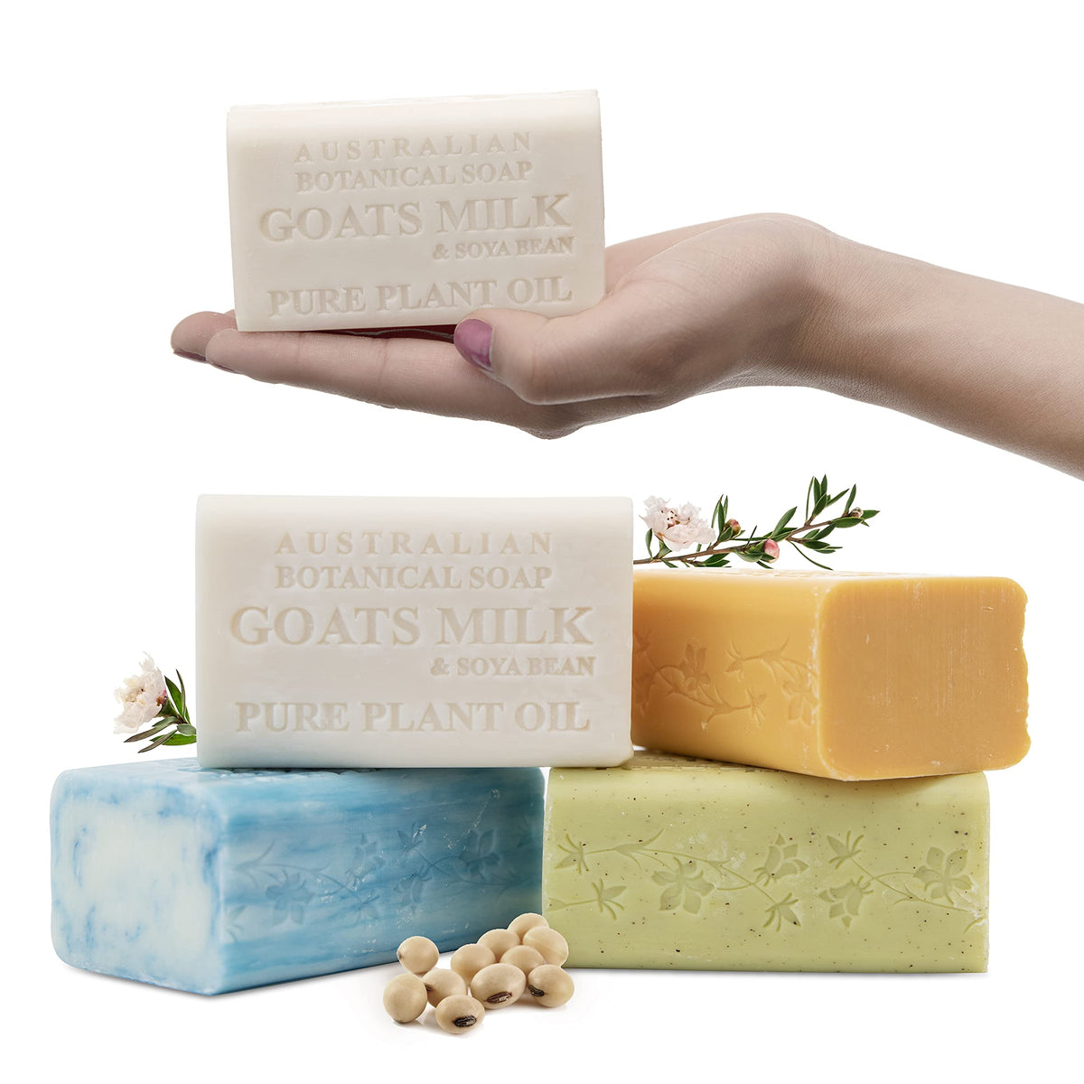 Australian Botanical front packaging showing four large soap bars and eco branding for choice