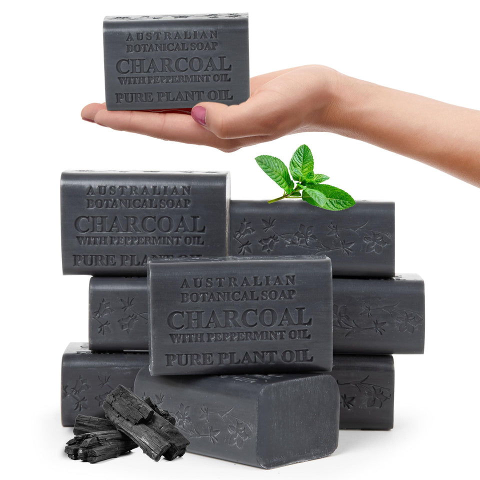 Australian Botanical front packaging showing eight peppermint charcoal bars benefits refreshing scent