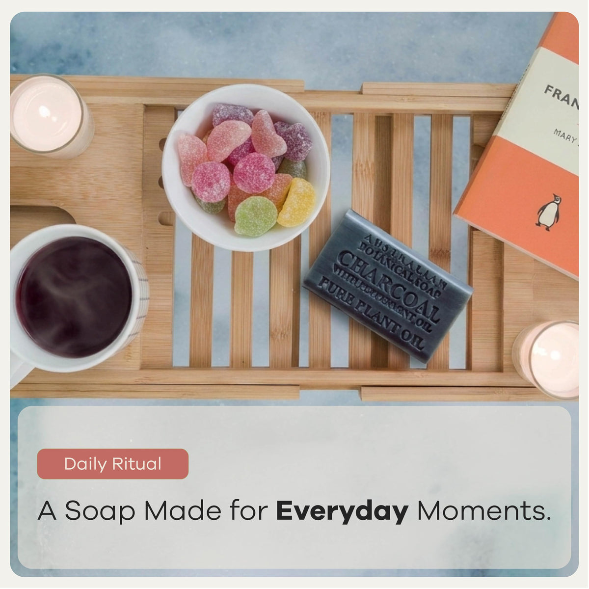 Australian Botanical soap on shower shelf in use showing unisex, invigorating routine benefit