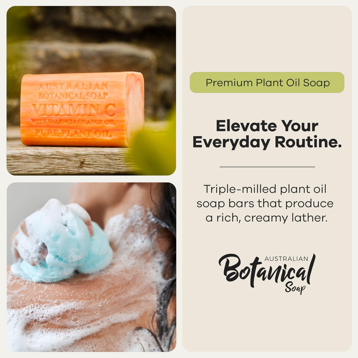 Australian Botanical Soap close-up of bar texture and creamy lather for rich cleansing