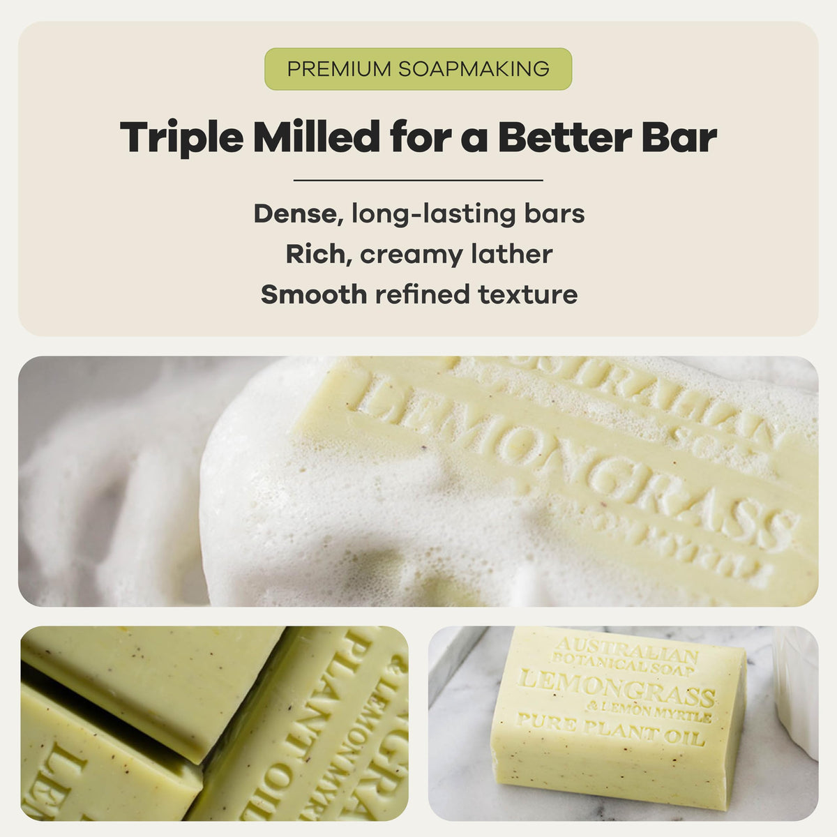 Australian Botanical Soap bar in hand demonstrating large 6.6 oz size benefit