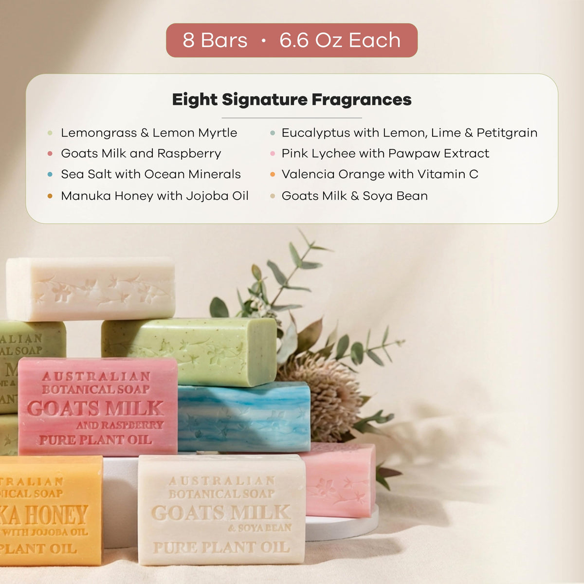Australian Botanical Soap stacked bars for scale highlighting extra-large 6.6 oz size