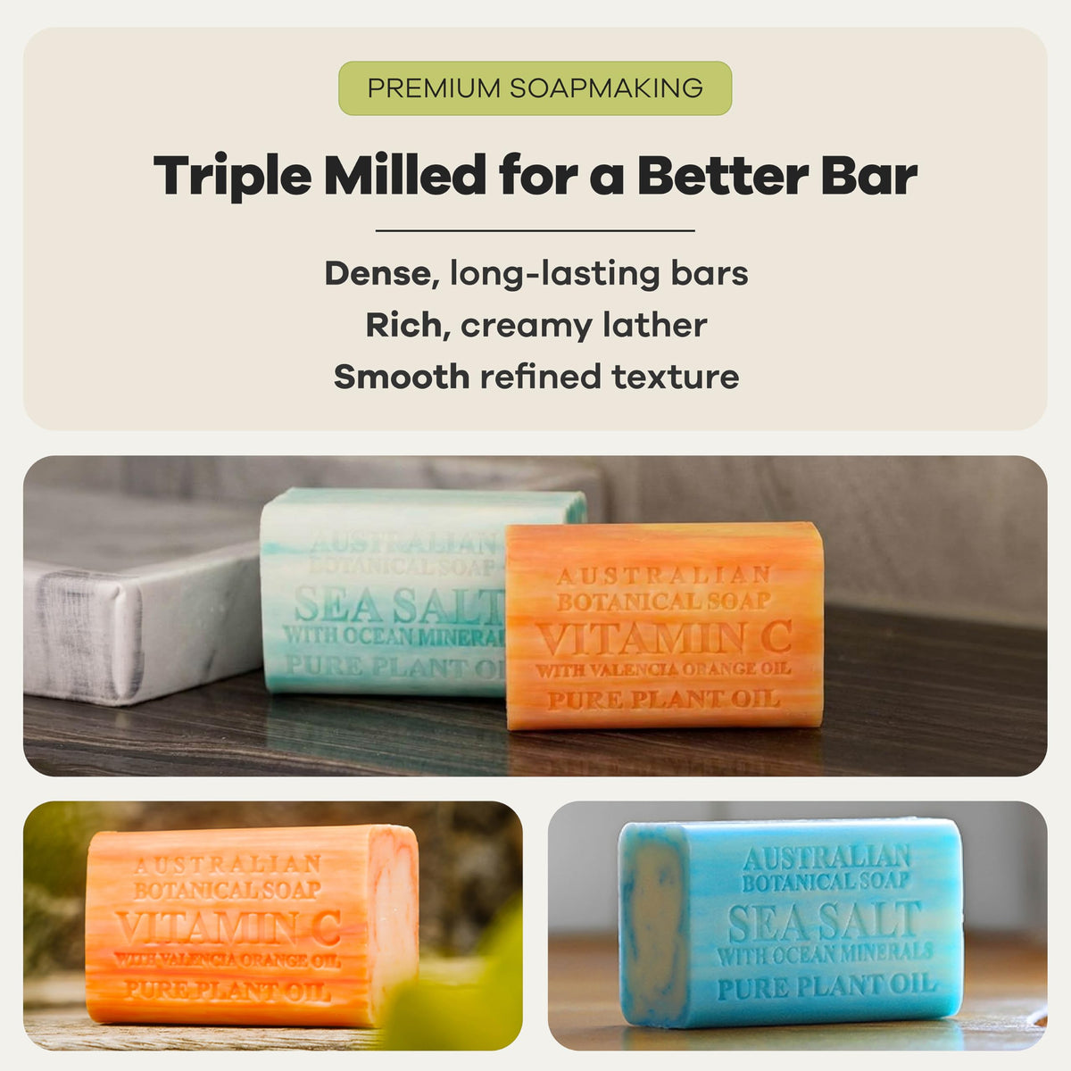 Australian Botanical Soap four Valencia and four Sea Salt bars top view showing variety benefit
