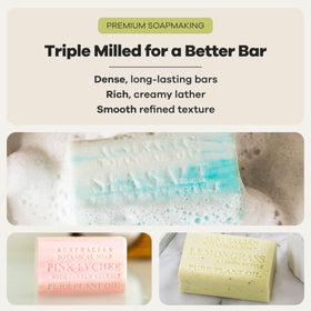 Australian Botanical Soap four bars arranged on bathroom shelf showcasing organized storage