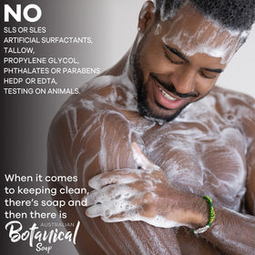 Australian Botanical Soap bars in use in shower demonstrating rich lather and easy rinse-off