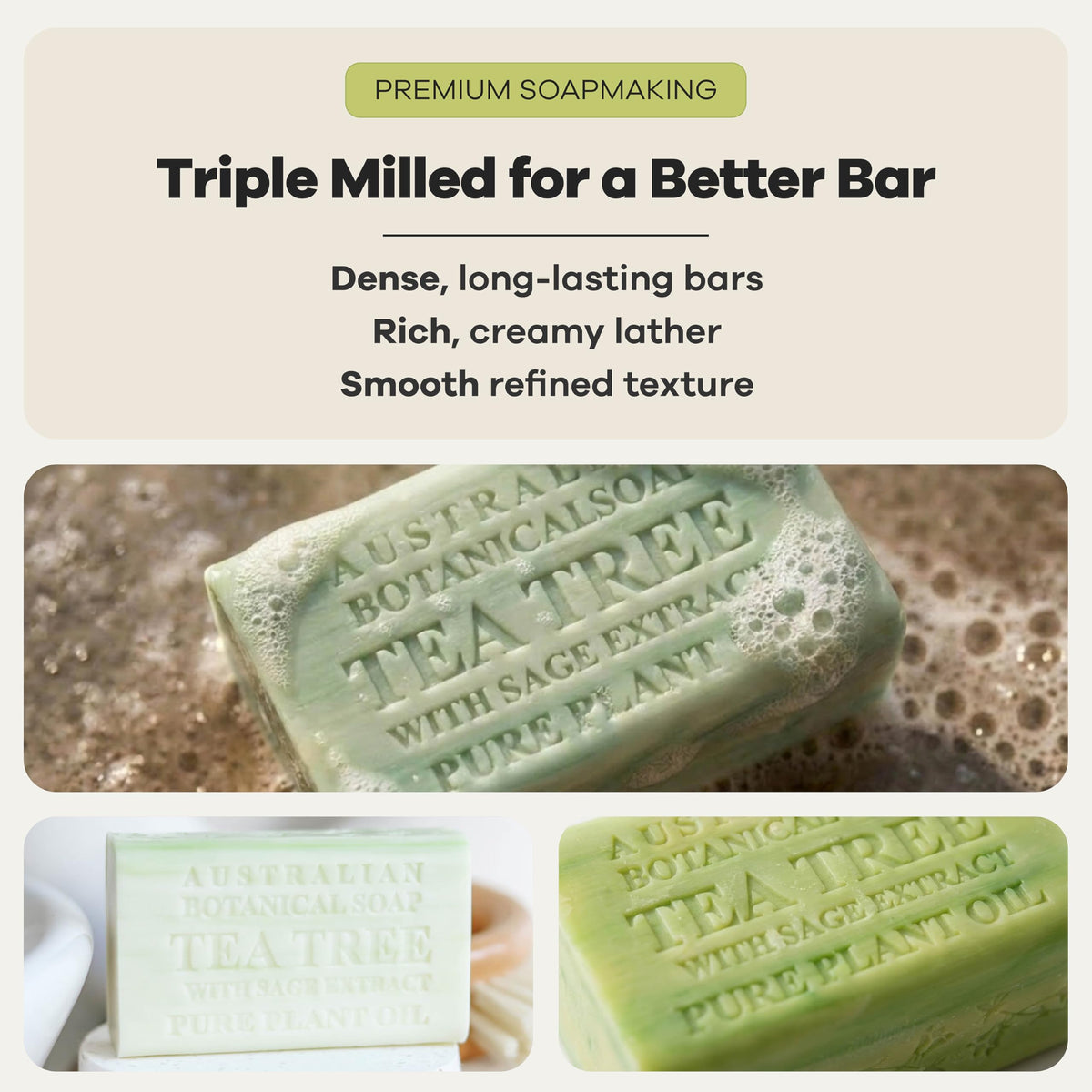Australian Botanical Soap cut bar in hand showing solid density and control