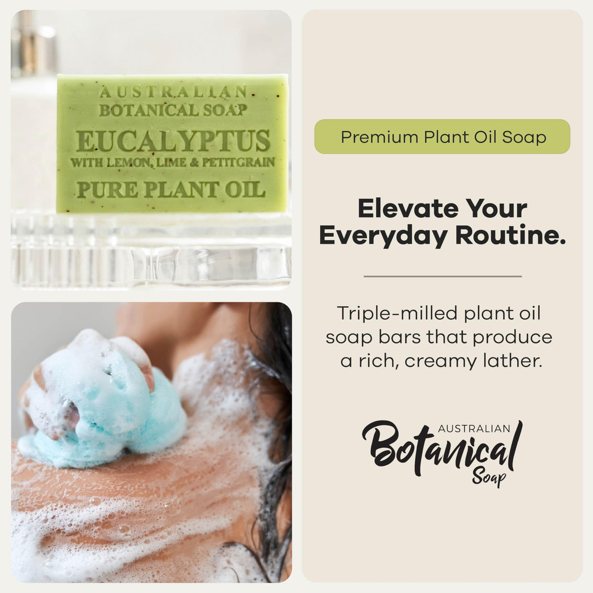 Australian Botanical Soap eucalyptus bar close-up texture revealing dense triple-milled surface