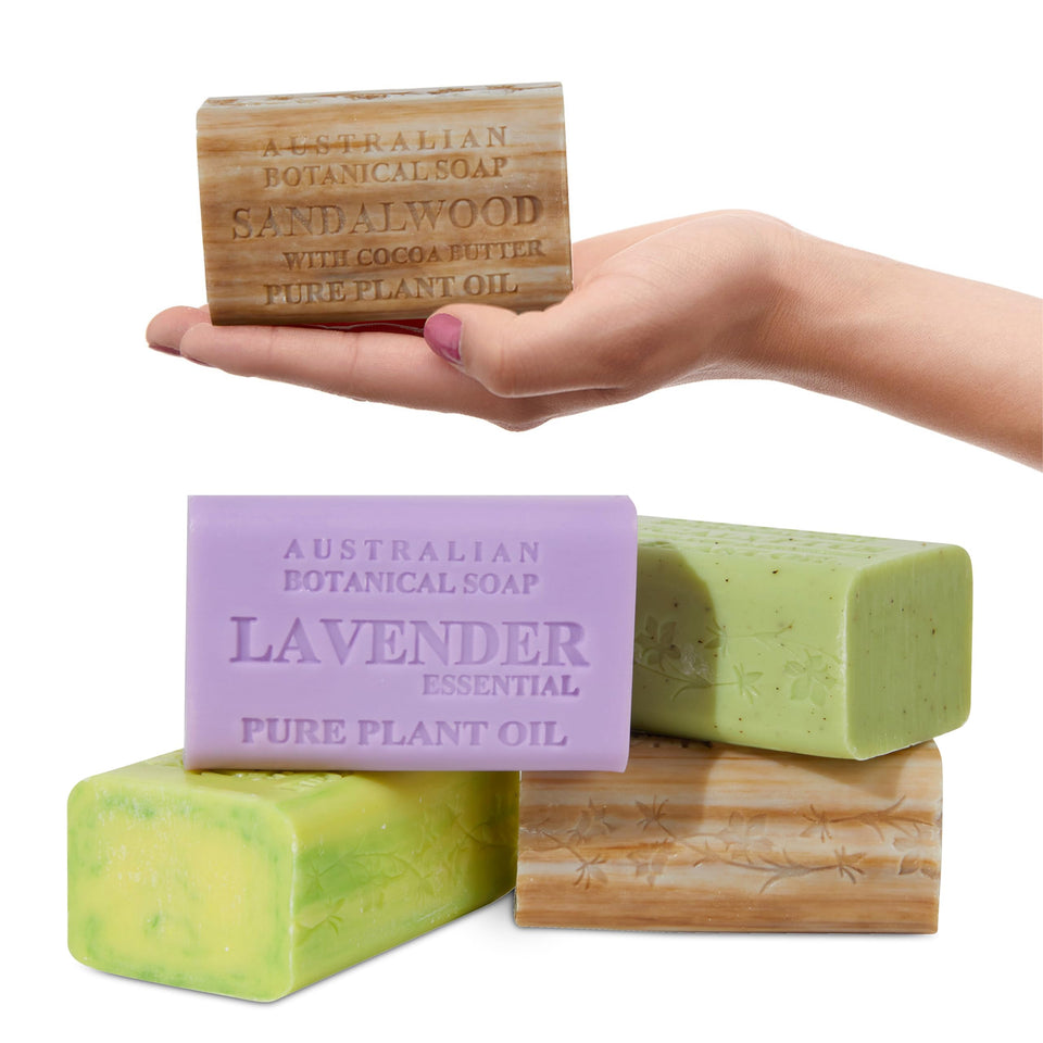 Australian Botanical Soap front pack showing four scented bars and durable packaging