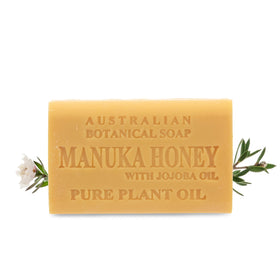 Australian Botanical Soap front packaging showing manuka honey and shea benefits