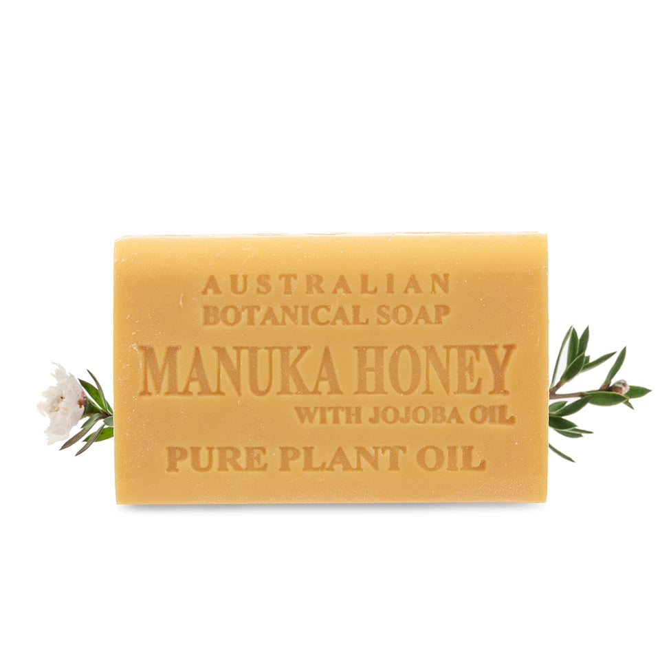 Australian Botanical Soap front packaging showing manuka honey and shea benefits