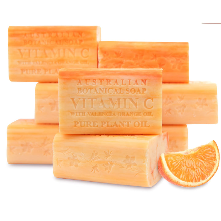 Australian Botanical Soap front packaging showing Valencia Orange scent and pack benefits