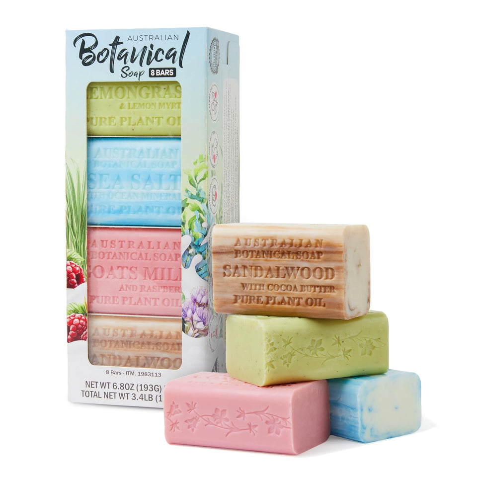 Australian Botanical Soap front packaging showing full 8-pack variety for easy restocking