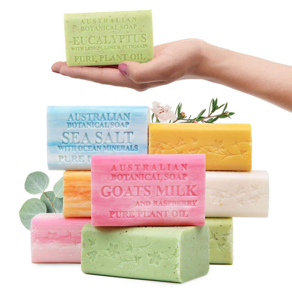 Australian Botanical Soap front packaging showing eight large bars and scent variety