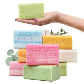 Australian Botanical Soap front packaging showing eight large bars and scent variety